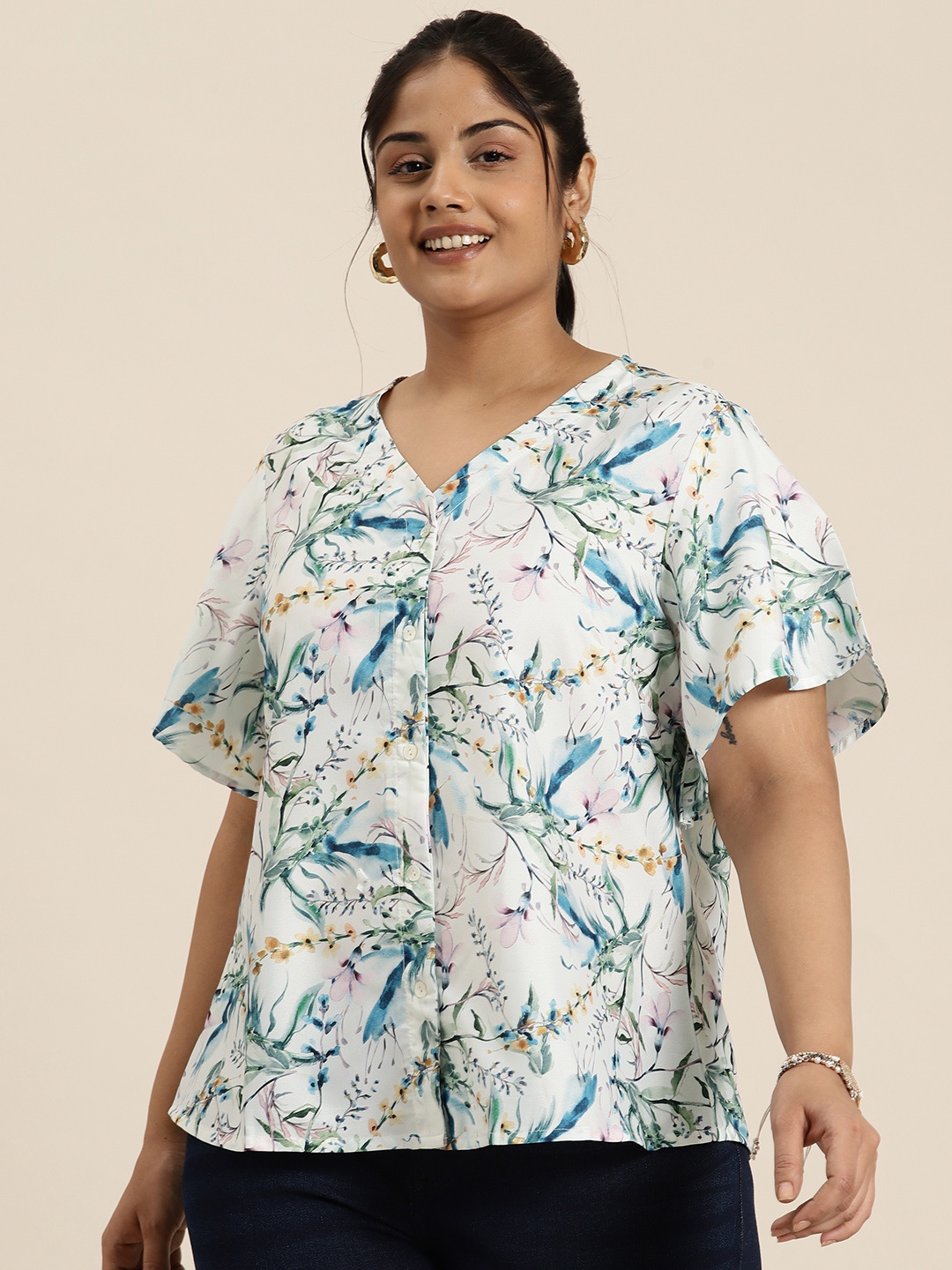 

Sztori Plus Size Floral Print Flutter Sleeve Top, White