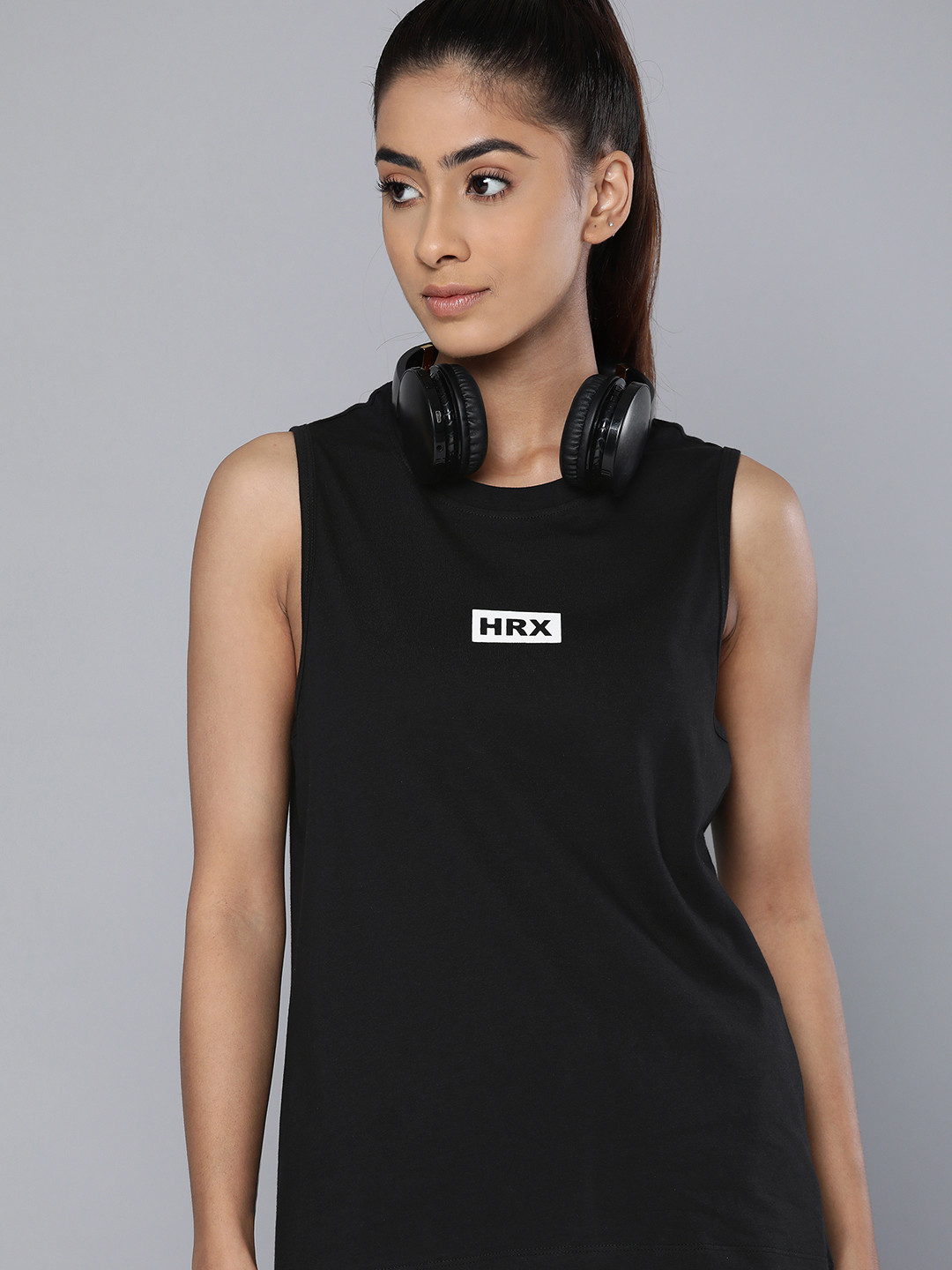 

HRX by Hrithik Roshan Women Brand Logo Pure Cotton Sleeveless T-shirt, Black