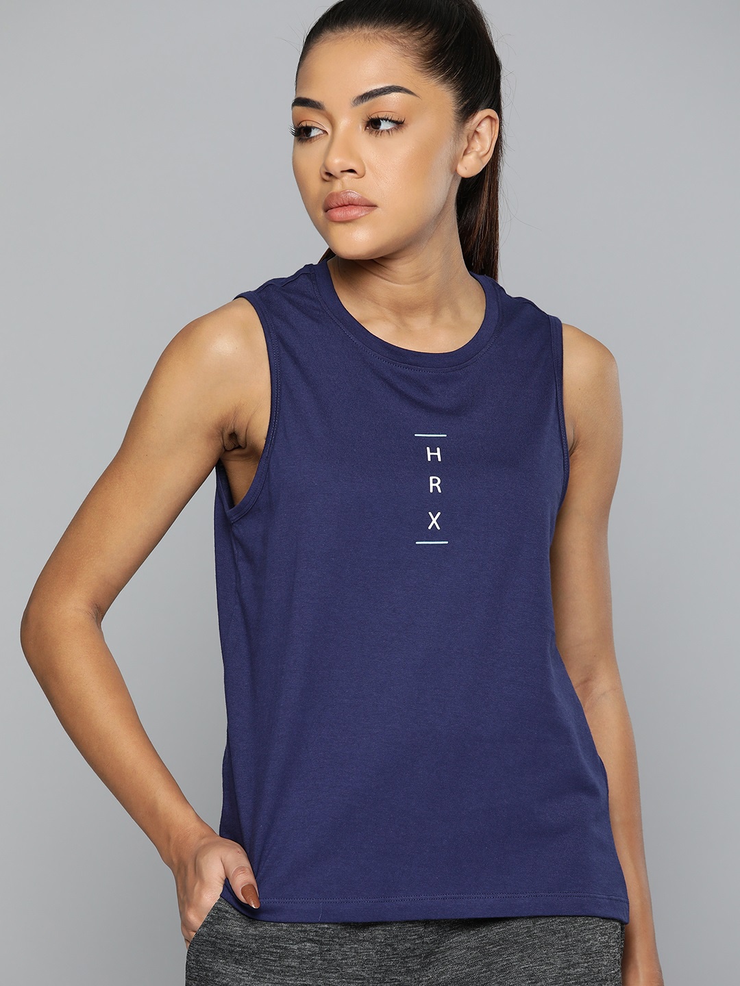 

HRX by Hrithik Roshan Women Brand Logo Printed Pure Cotton T-shirt, Navy blue