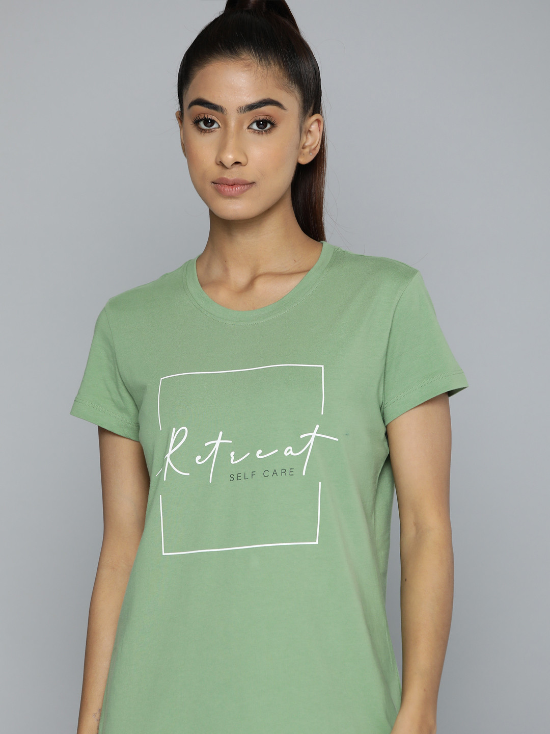 

HRX by Hrithik Roshan Typography Printed Pure Cotton Longline Yoga T-shirt, Green