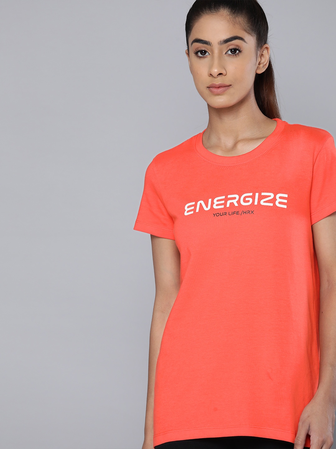 

HRX by Hrithik Roshan Women Printed Pure Cotton T-shirt, Orange