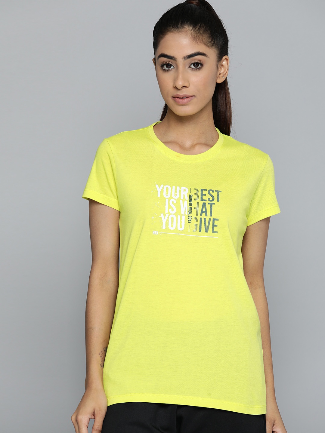

HRX by Hrithik Roshan Typography Printed Rapid-Dry Training T-shirt, Lime green