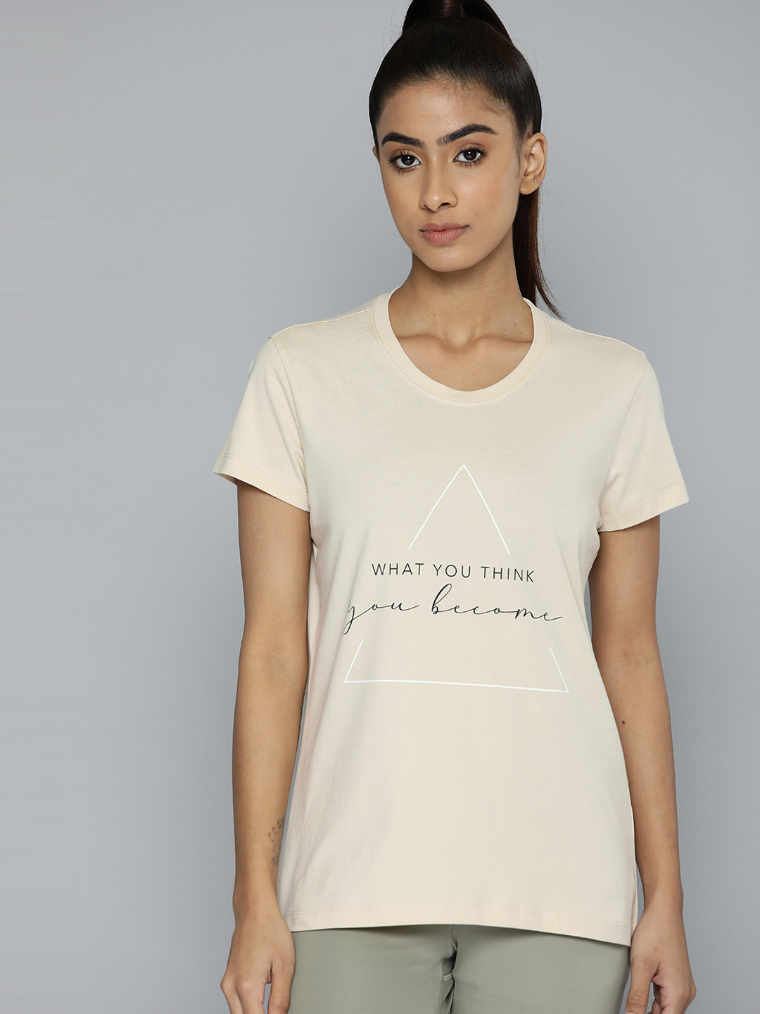 

HRX by Hrithik Roshan Typography Printed Pure Cotton Longline Yoga T-shirt, Beige