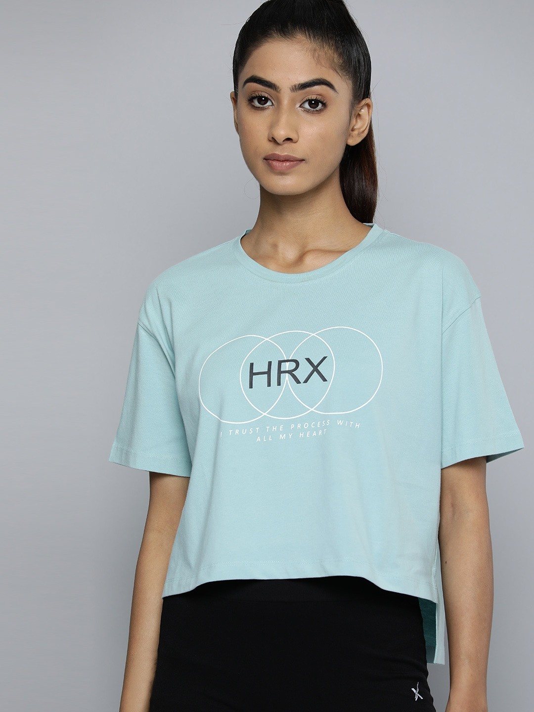 

HRX by Hrithik Roshan Anti-Fit High-Low Hem Logo Drop-Shoulder Sleeves Cotton Yoga T-shirt, Blue