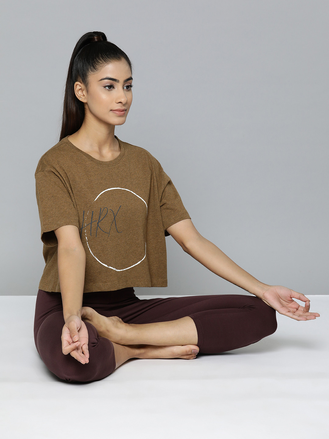 

HRX by Hrithik Roshan Brand Logo Printed Pure Cotton Yoga T-shirt, Brown