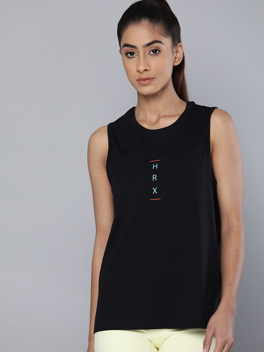 

HRX by Hrithik Roshan Women Brand Logo Pure Cotton Sleeveless T-shirt, Black