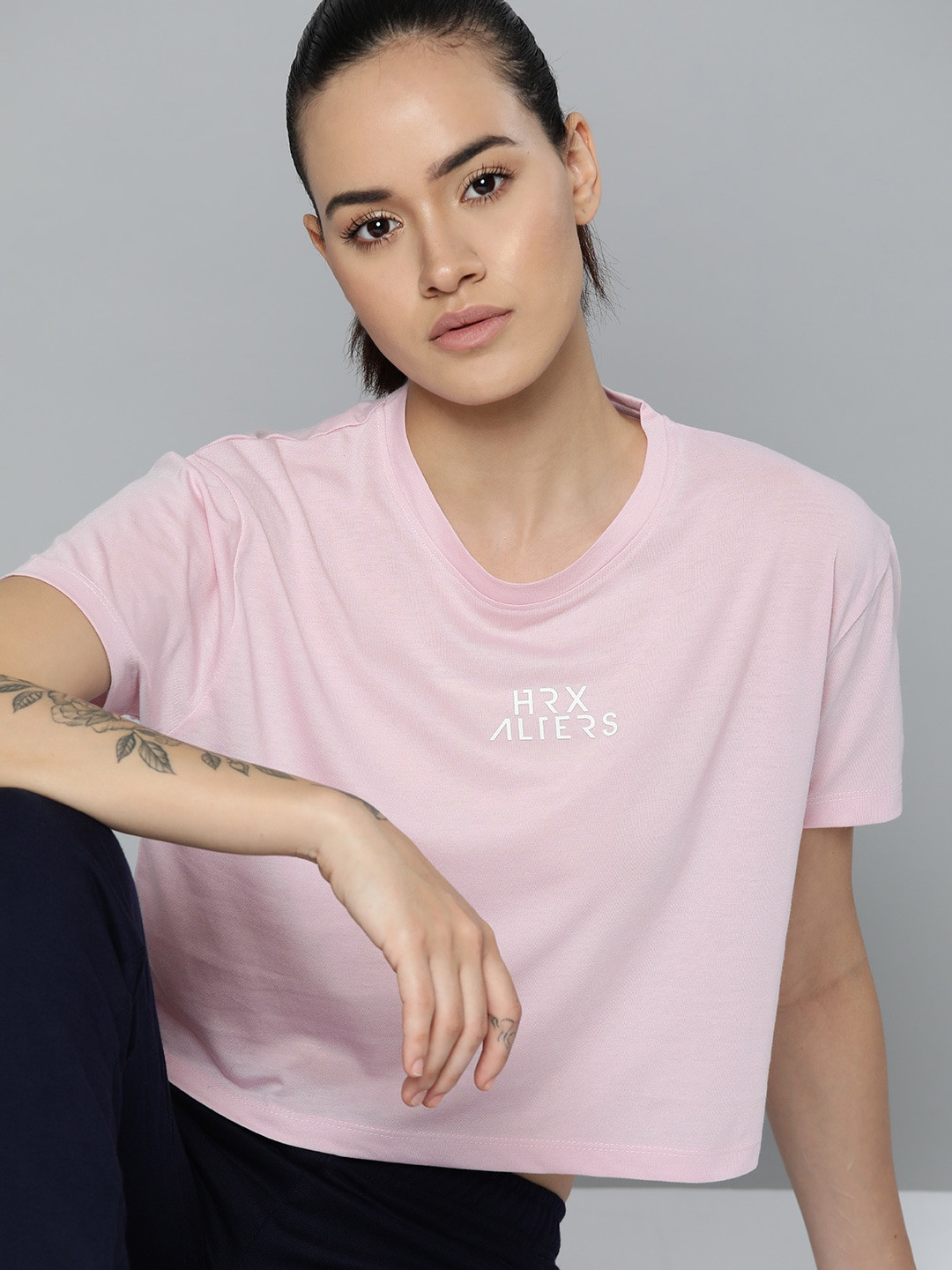 

HRX by Hrithik Roshan Brand Logo Printed Drop-Shoulder Sleeves T-shirt, Pink