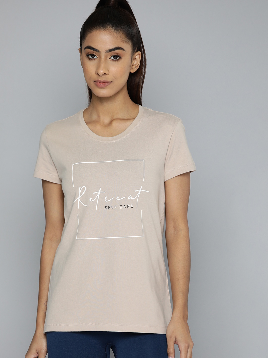 

HRX by Hrithik Roshan Typography Printed Pure Cotton Longline Yoga T-shirt, Beige