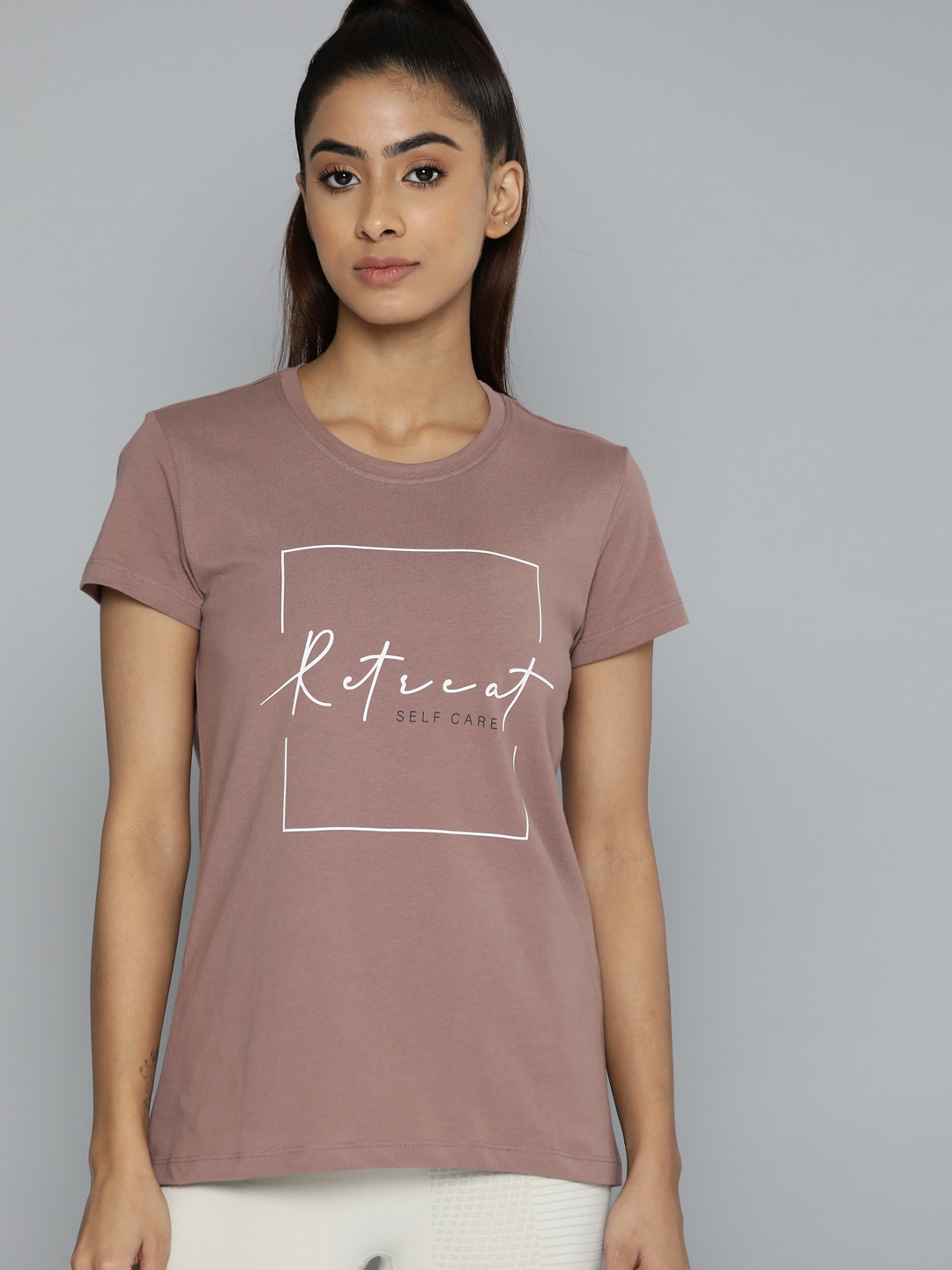 

HRX by Hrithik Roshan Typography Printed Pure Cotton Longline Yoga T-shirt, Mauve