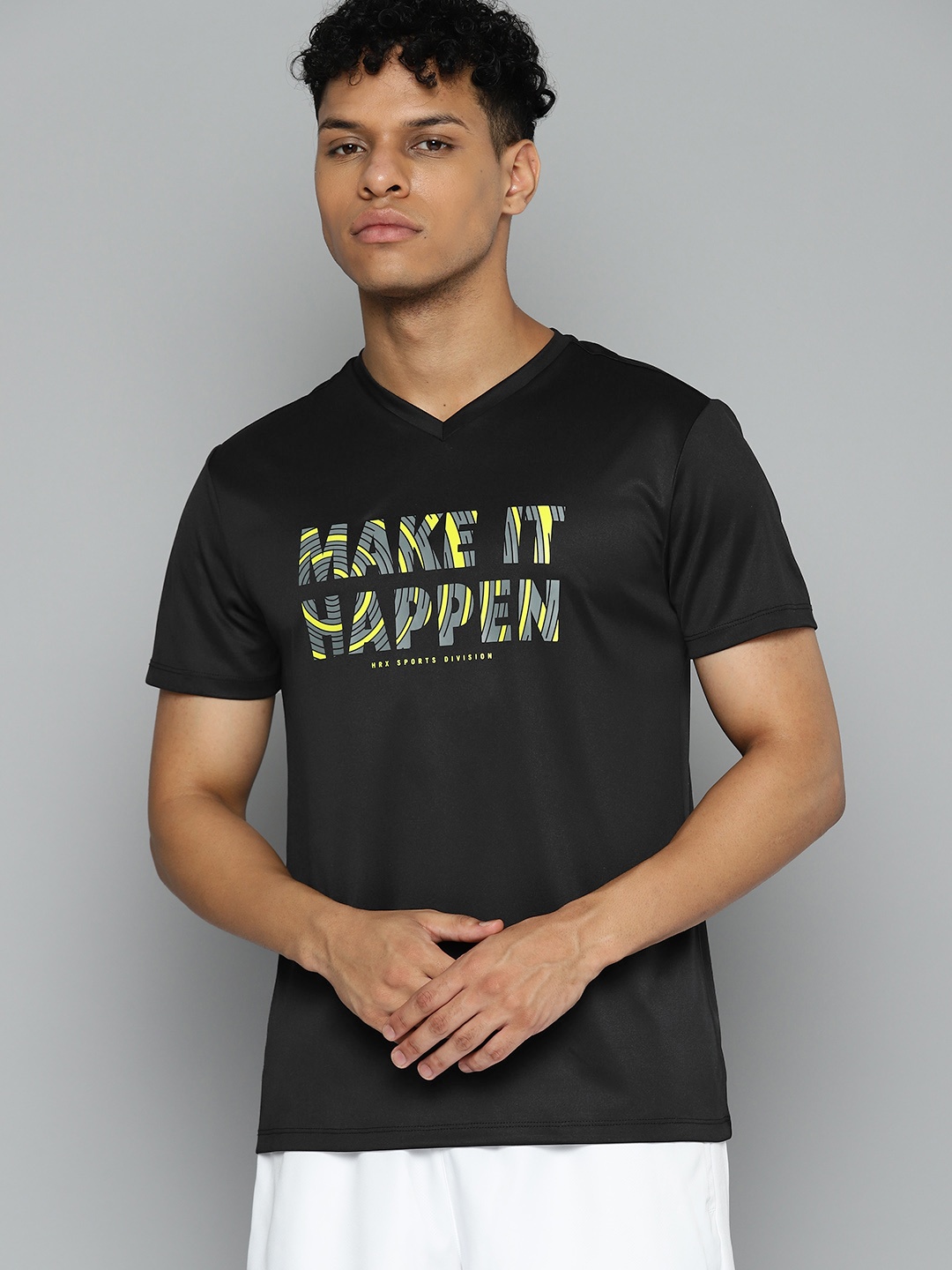 

HRX by Hrithik Roshan Men Typography Printed V-Neck Badminton T-shirt, Black