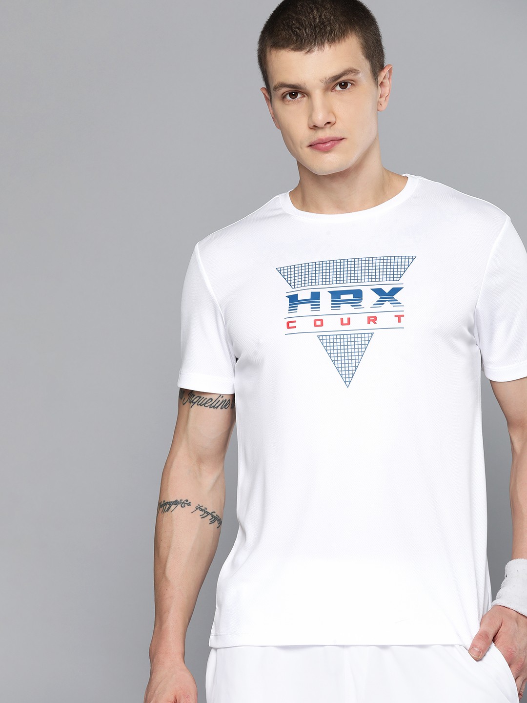 

HRX by Hrithik Roshan Rapid-Dry Brand Logo Printed Racket Sports T-shirt, White