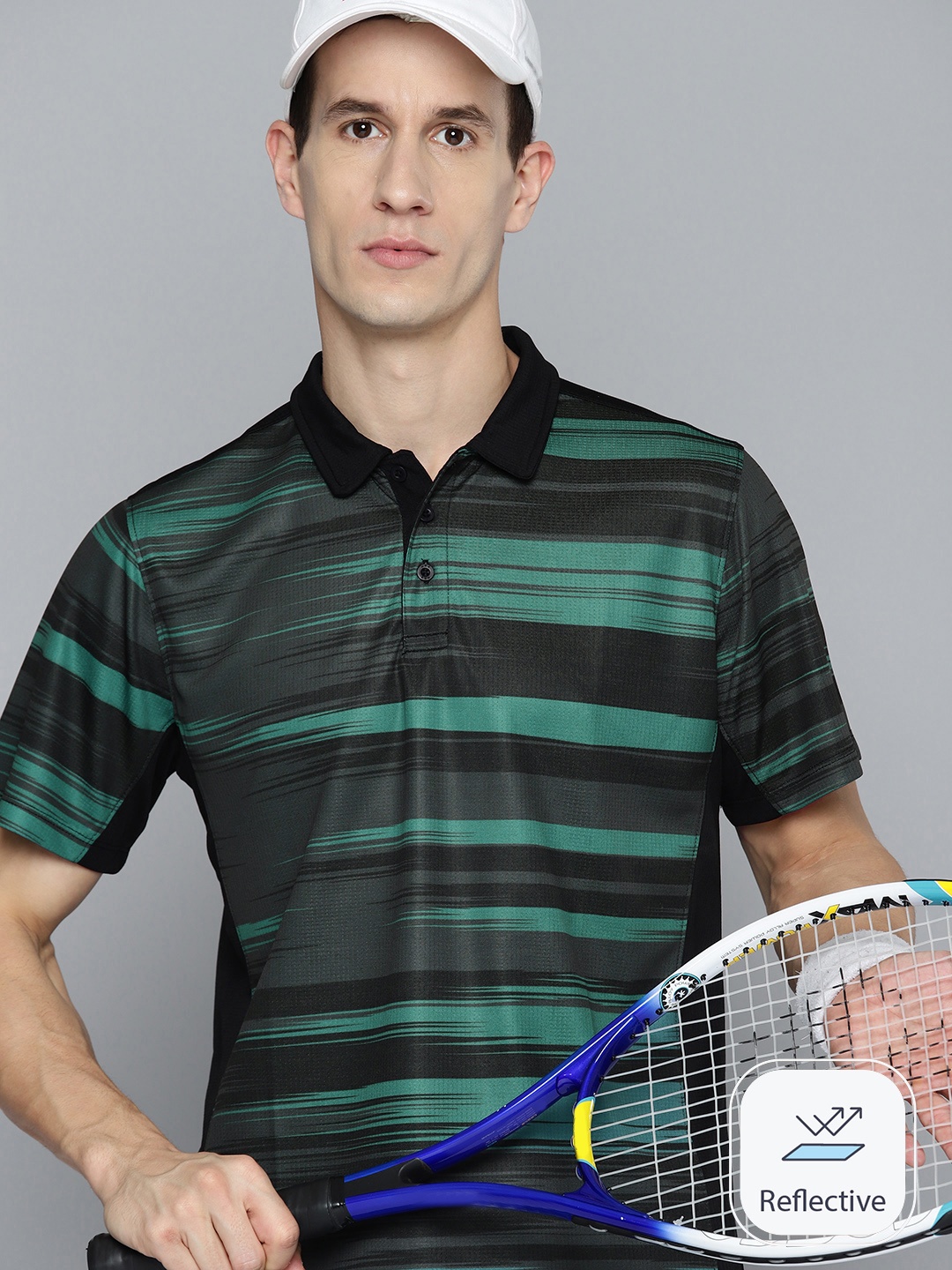 

HRX by Hrithik Roshan Striped Polo Collar Rapid-Dry Racket Sport T-shirt, Black