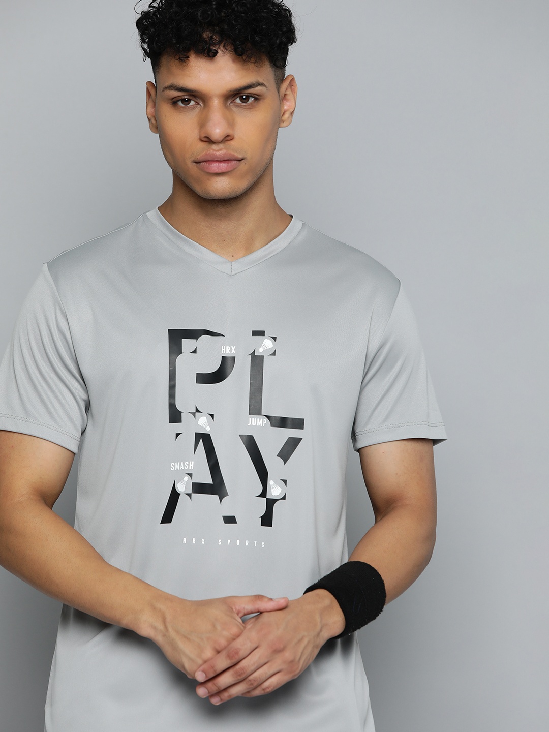 

HRX by Hrithik Roshan Antimicrobial Finish Rapid-Dry Brand Logo Printed Badminton T-shirt, Grey
