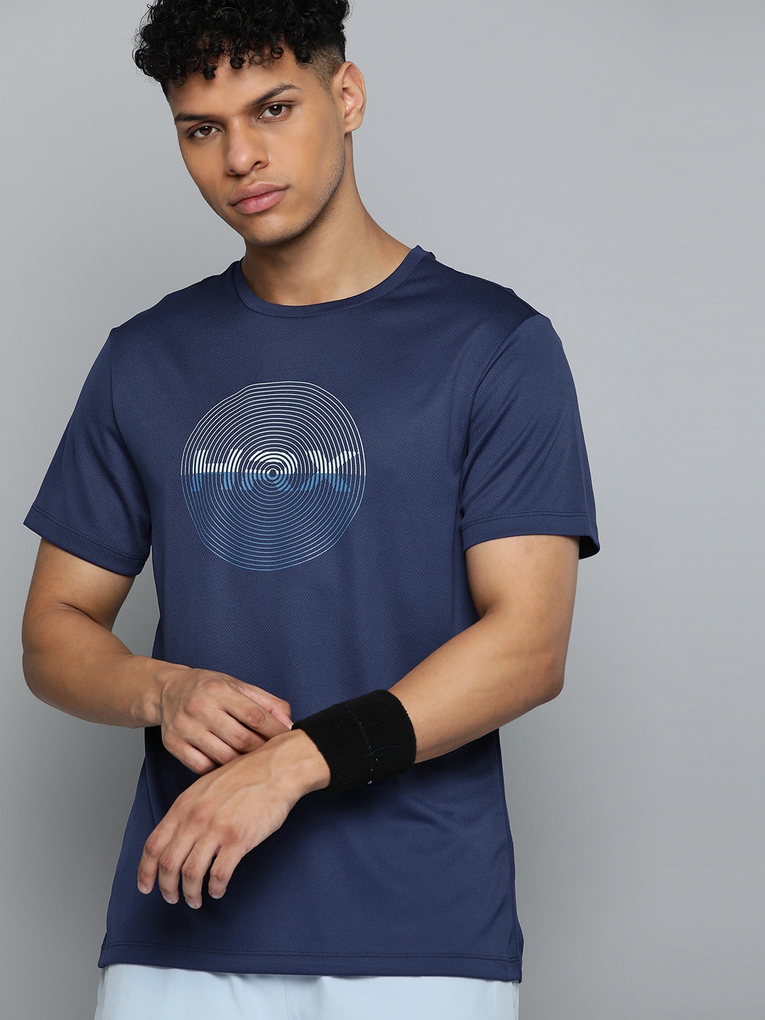 

HRX by Hrithik Roshan Antimicrobial Finish Rapid-Dry Brand Logo Printed Badminton T-shirt, Navy blue