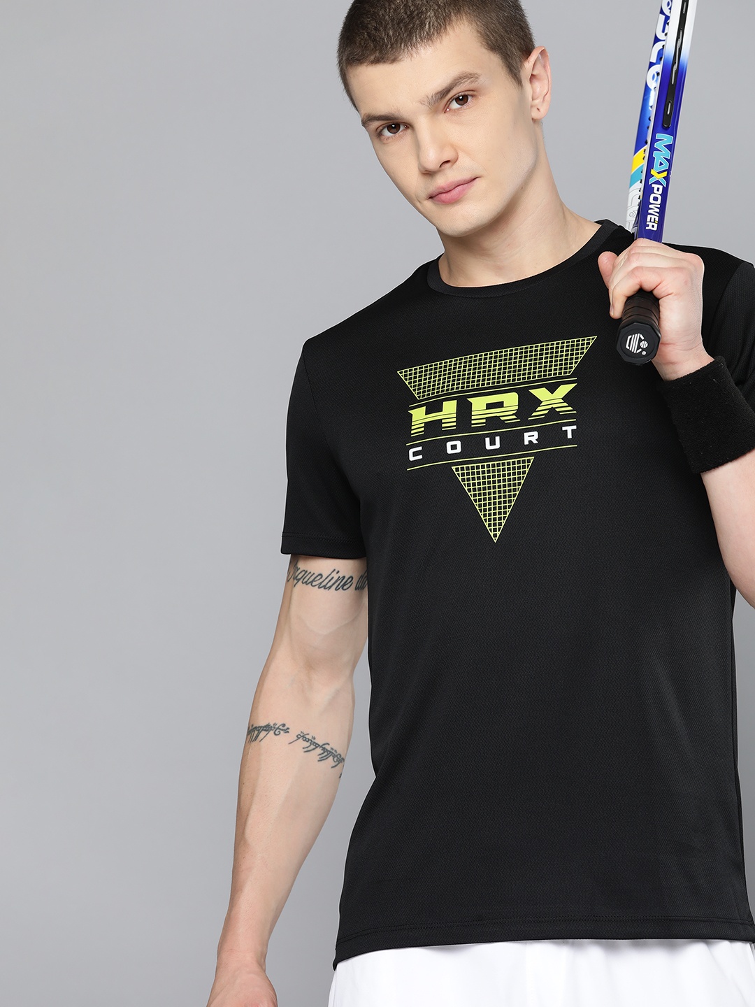 

HRX by Hrithik Roshan Rapid-Dry Brand Logo Printed Racket Sports T-shirt, Black