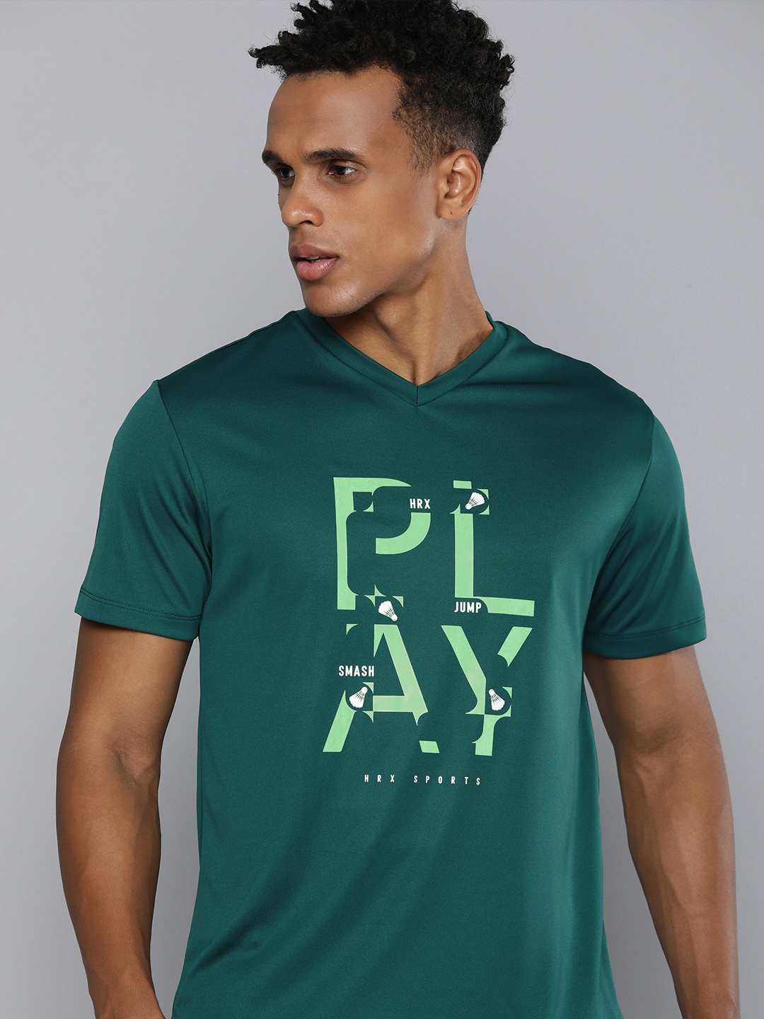 

HRX by Hrithik Roshan Typography Printed V-Neck T-shirt, Green