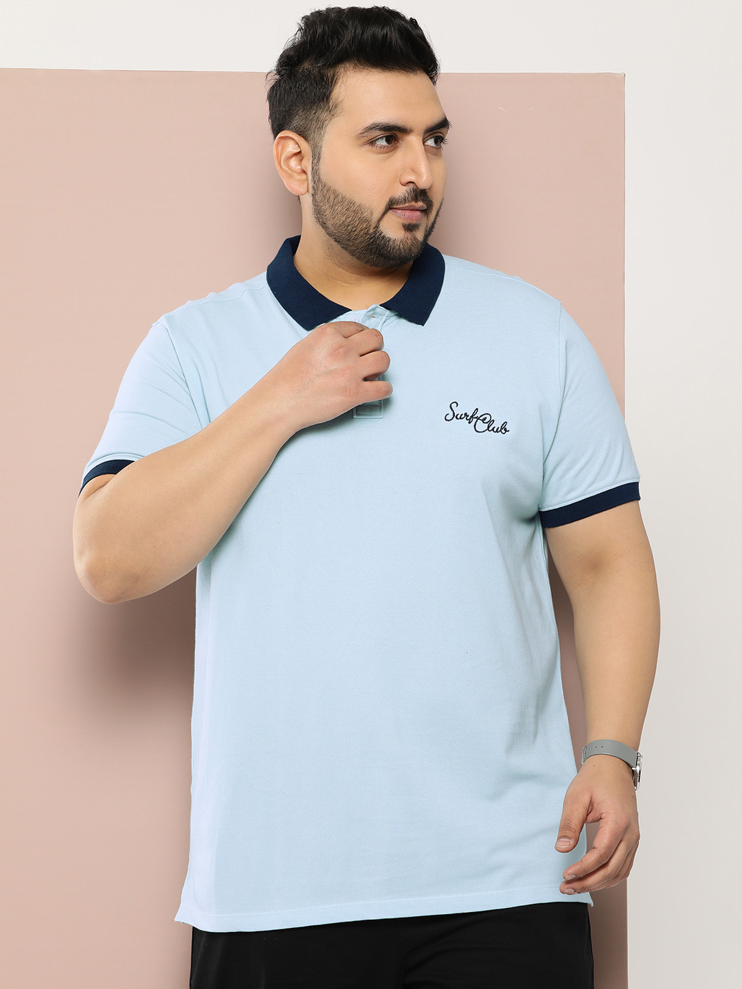 

Sztori Plus Size Polo Collar Pure Cotton T-shirt, Blue