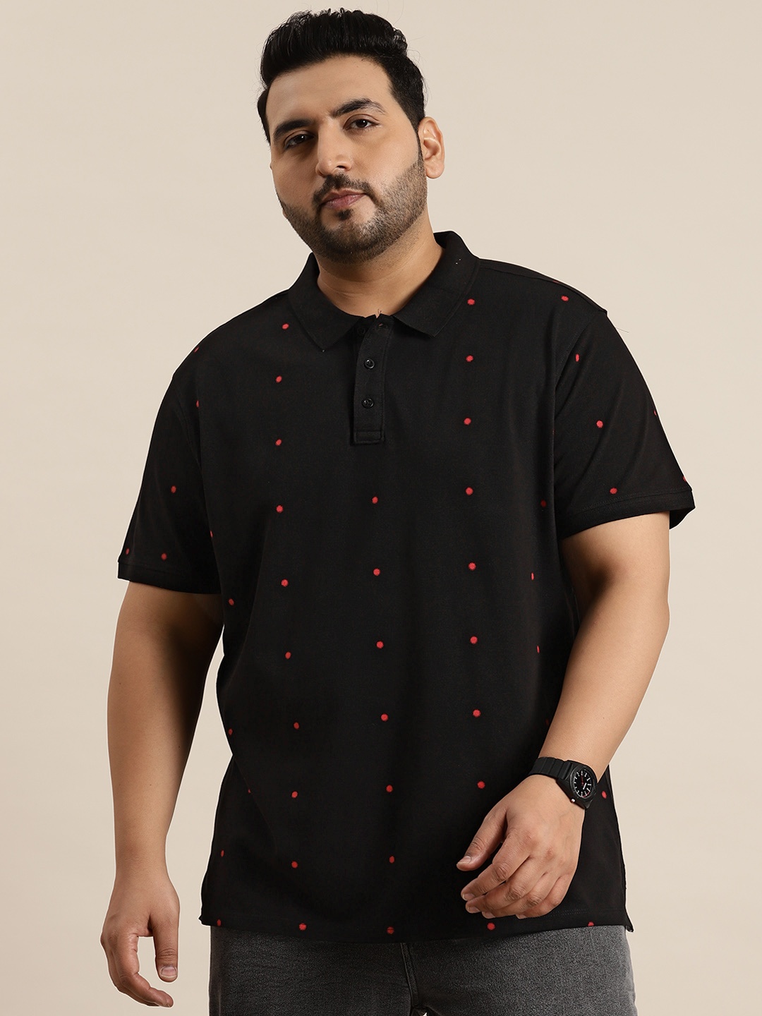 

Sztori Plus Size Pure Cotton Polka Dot Printed Polo Collar T-shirt, Black