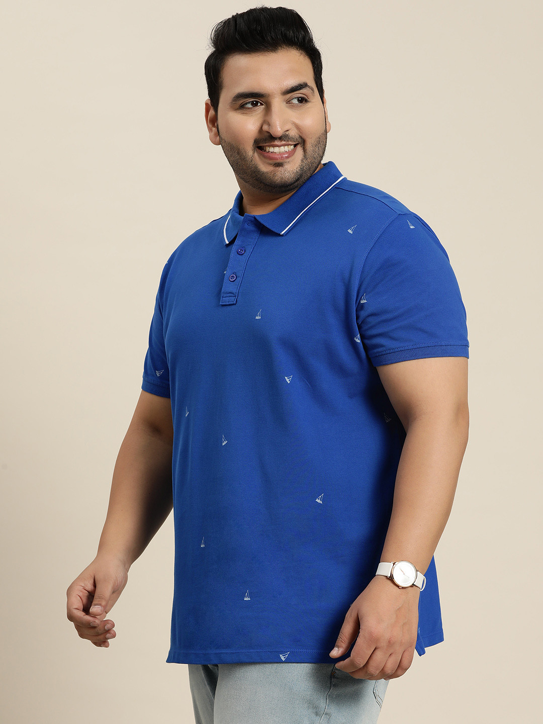 

Sztori Plus Size Nautical Print Pure Cotton Polo T-shirt, Blue