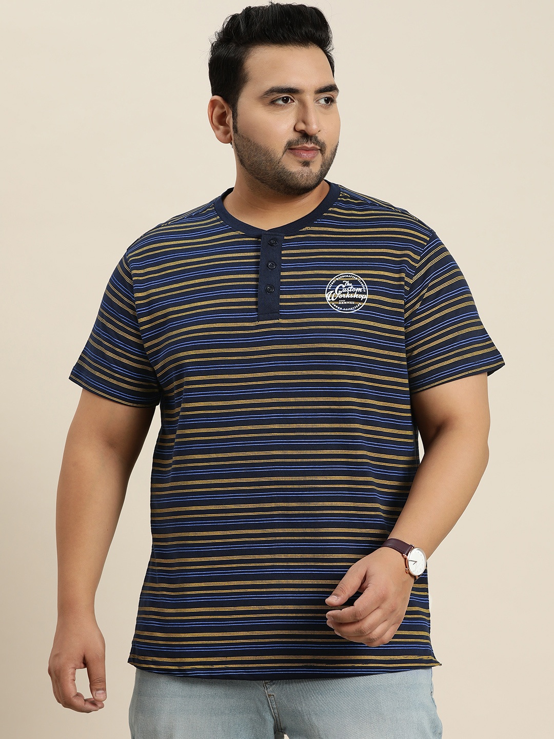 

Sztori Plus Size Men Striped Henley Neck T-shirt, Blue