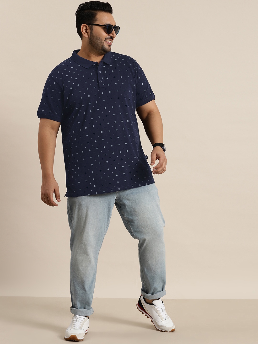 

Sztori Plus Size Printed Polo Collar Pure Cotton T-shirt, Navy blue