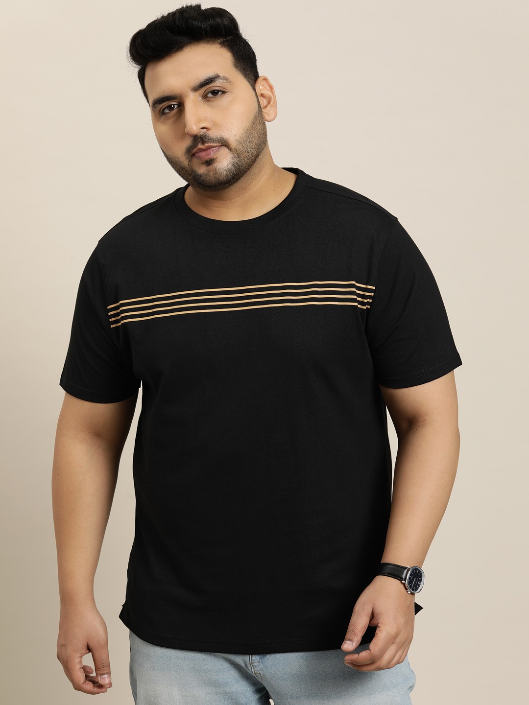 

Sztori Plus Size Striped Pure Cotton T-shirt, Black