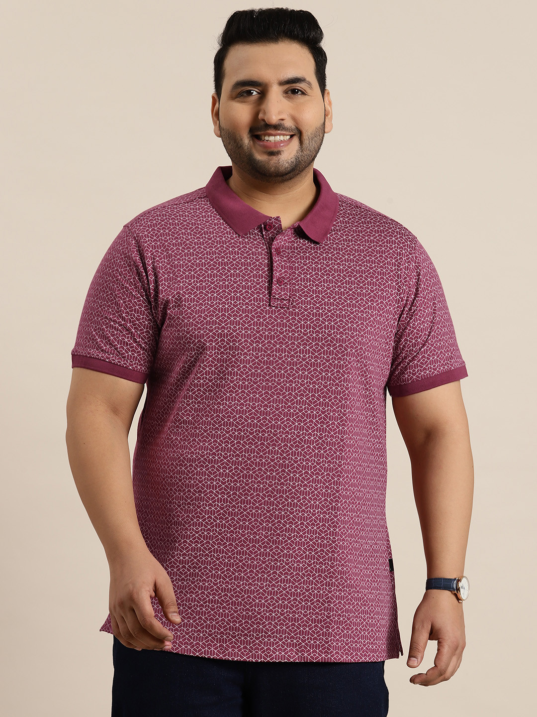 

Sztori Plus Size Cotton Geometric Printed Polo Collar T-shirt, Maroon
