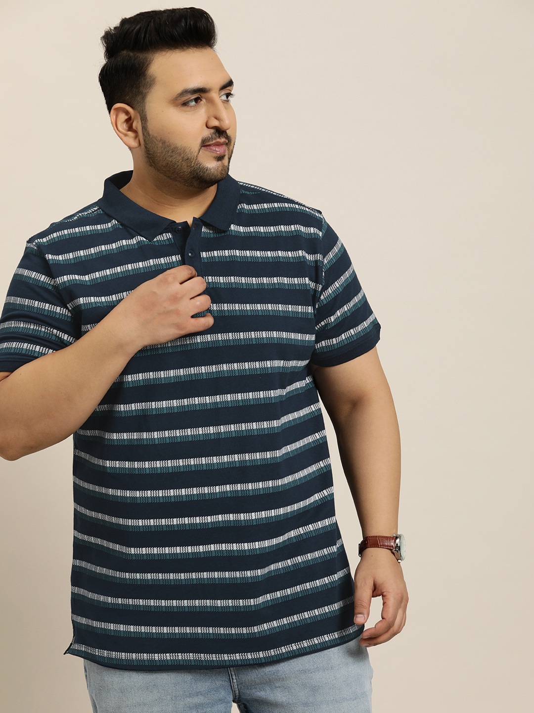 

Sztori Plus Size Striped Polo Collar Pure Cotton T-shirt, Navy blue