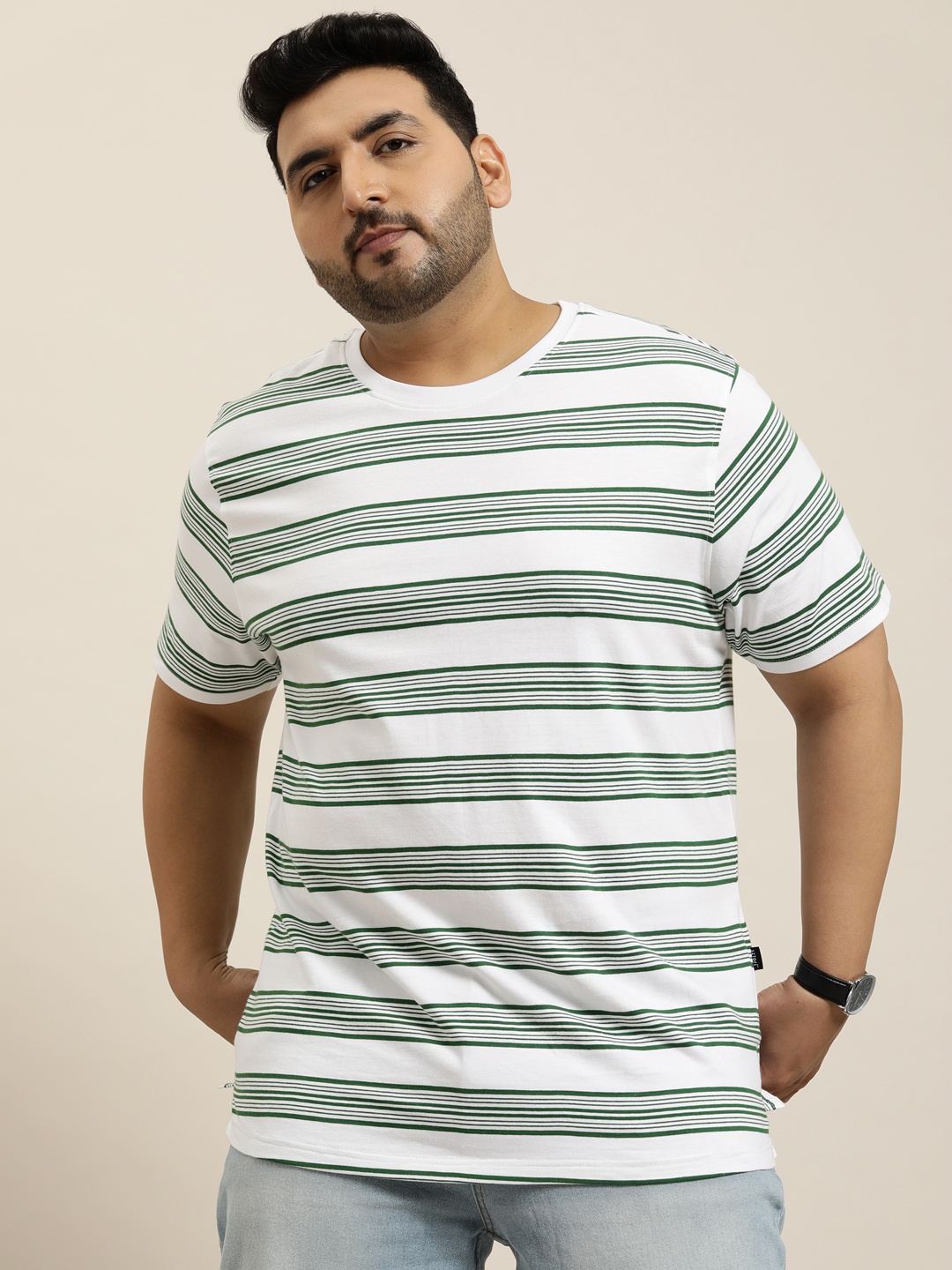 

Sztori Plus Size Striped Pure Cotton T-shirt, White