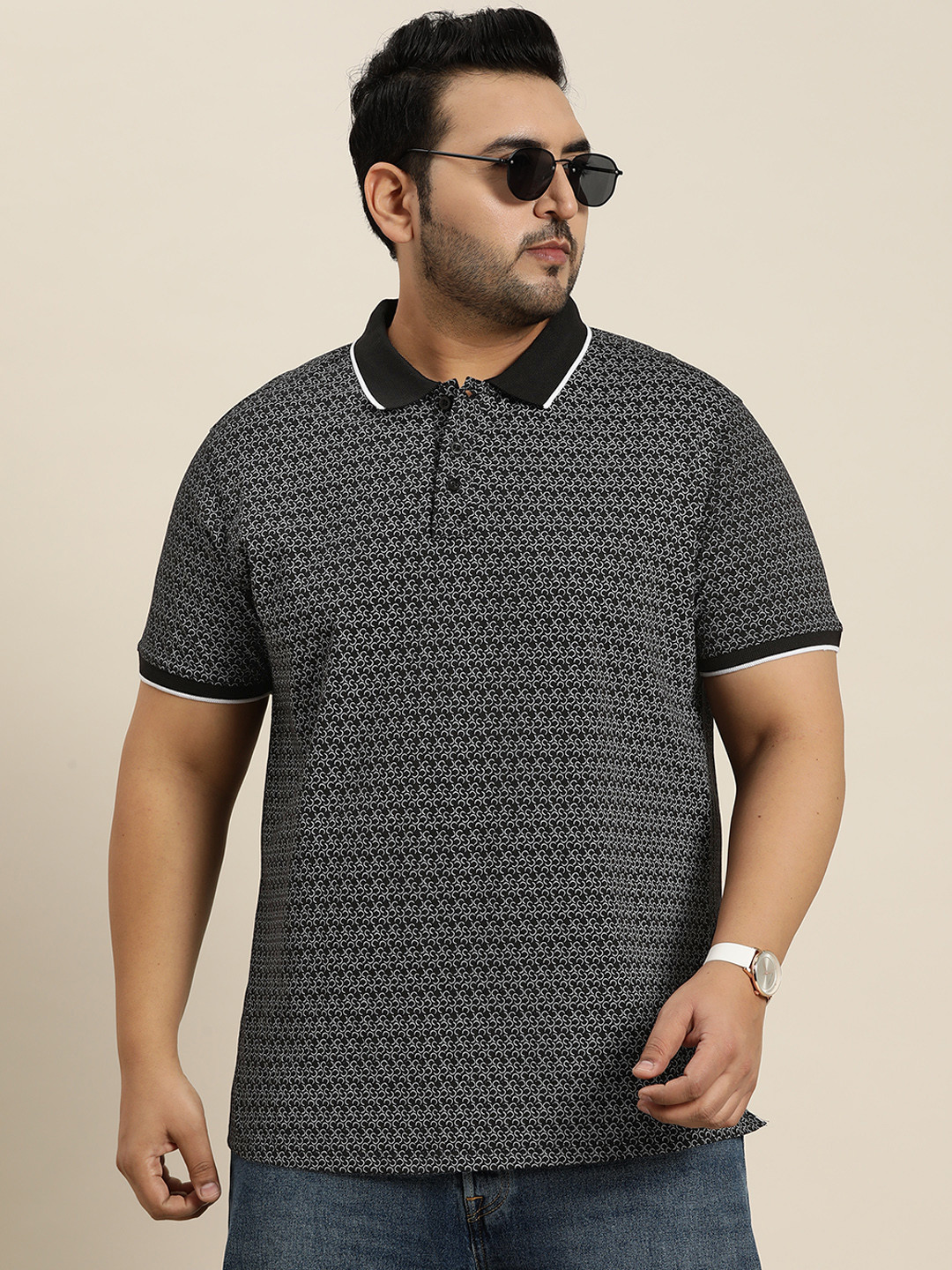 

Sztori Plus Size Men Printed Polo Collar Pure Cotton T-shirt, Black