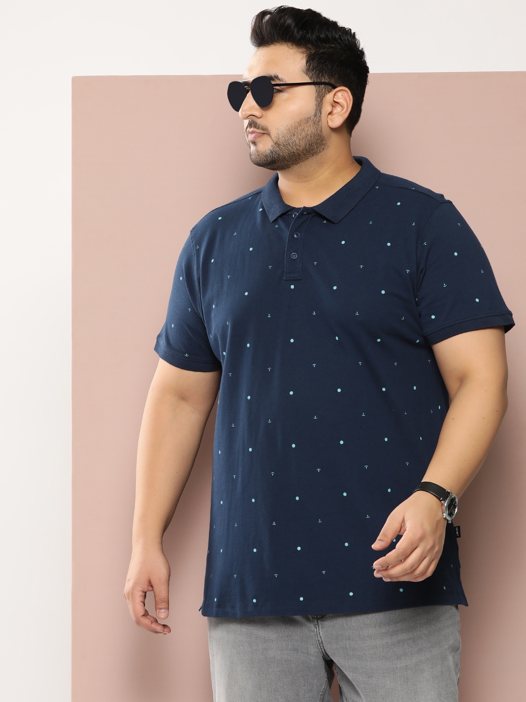 

Sztori Plus Size Printed Polo Collar Pure Cotton T-shirt, Navy blue