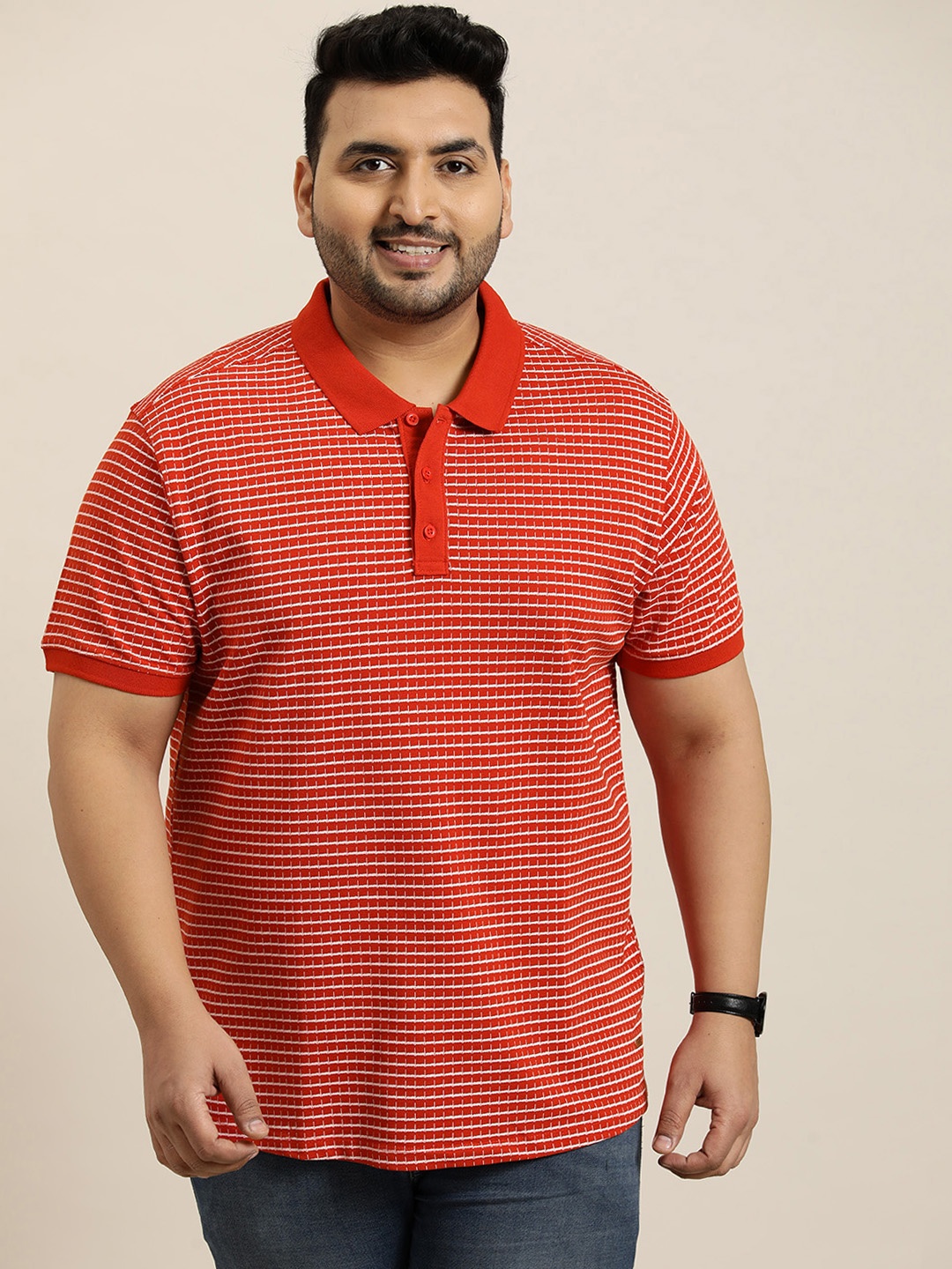 

Sztori Men Plus Size Checked Polo Collar Pure Cotton T-shirt, Red