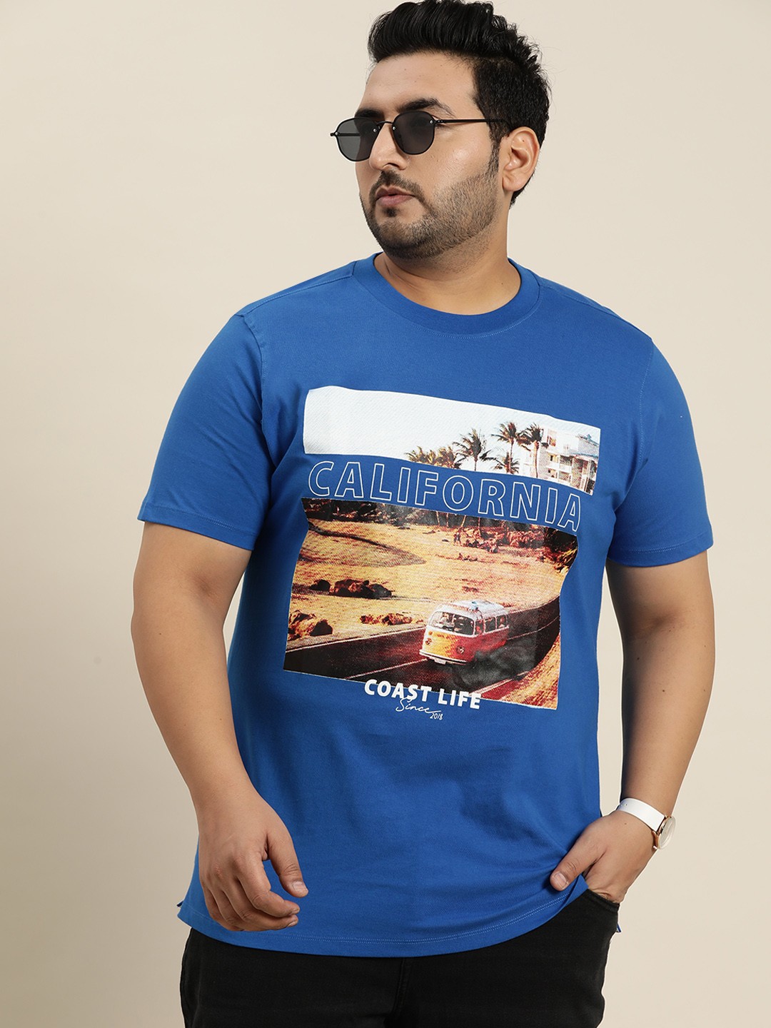 

Sztori Men Plus Size Graphic Printed Pure Cotton T-shirt, Blue