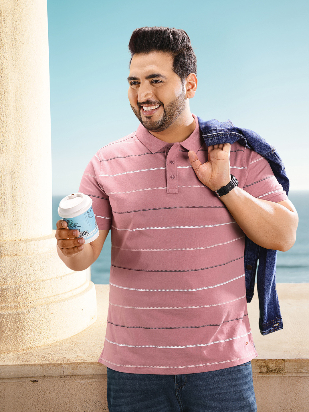

Sztori Plus Size Striped Polo Collar Pure Cotton T-shirt, Rose
