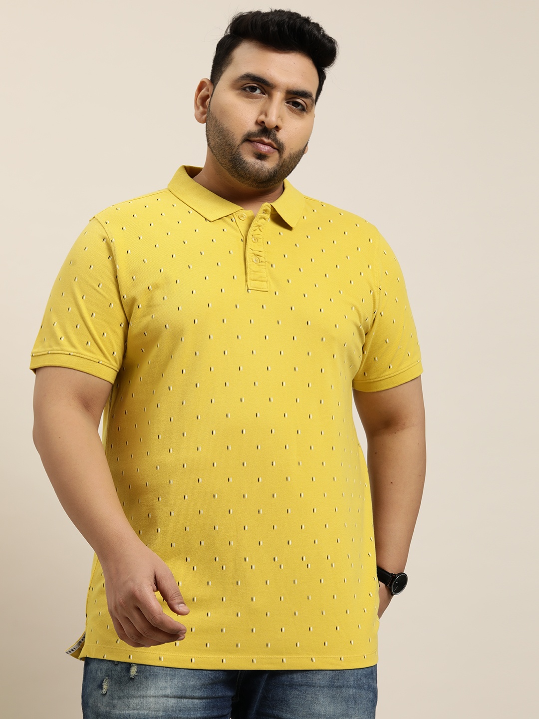 

Sztori Plus Size Geometric Print Polo Collar Pure Cotton T-shirt, Yellow