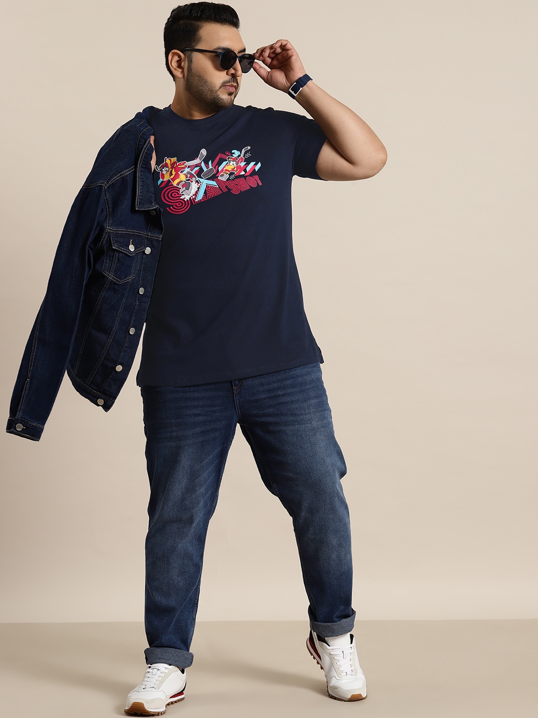 

Sztori Plus Size Cotton Graphic Printed Round Neck T-shirt, Navy blue