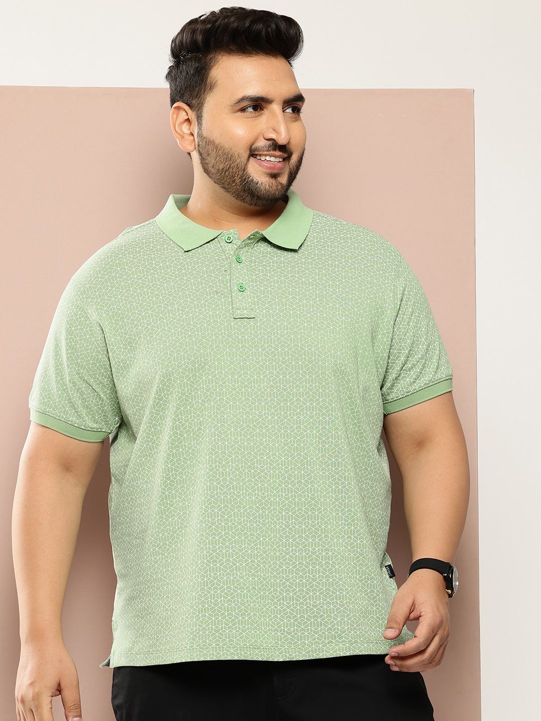 

Sztori Plus Size Printed Polo Collar Pure Cotton T-shirt, Green