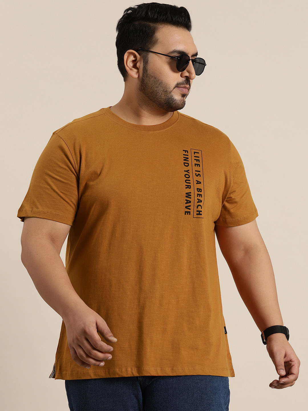 

Sztori Plus Size Cotton Round Neck Printed Detail T-shirt, Mustard