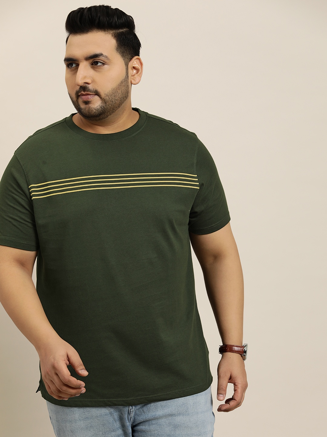 

Sztori Plus Size Striped Pure Cotton T-shirt, Green