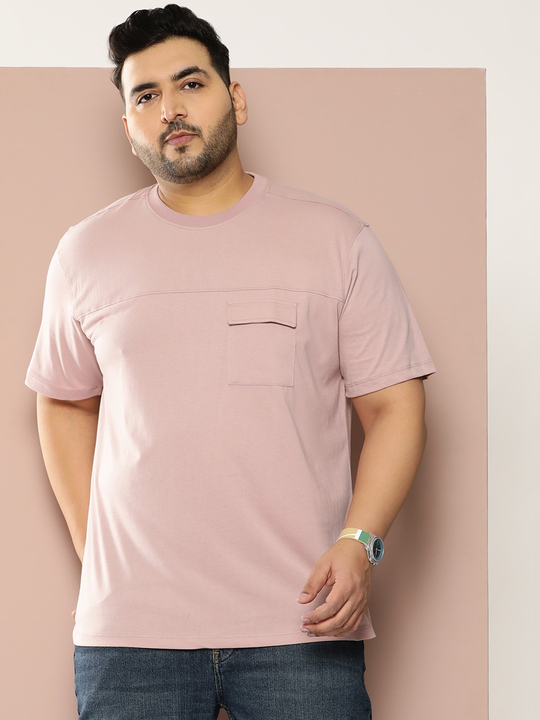 

Sztori Plus Size Flap Pocket Detailed Pure Cotton T-shirt, Rose