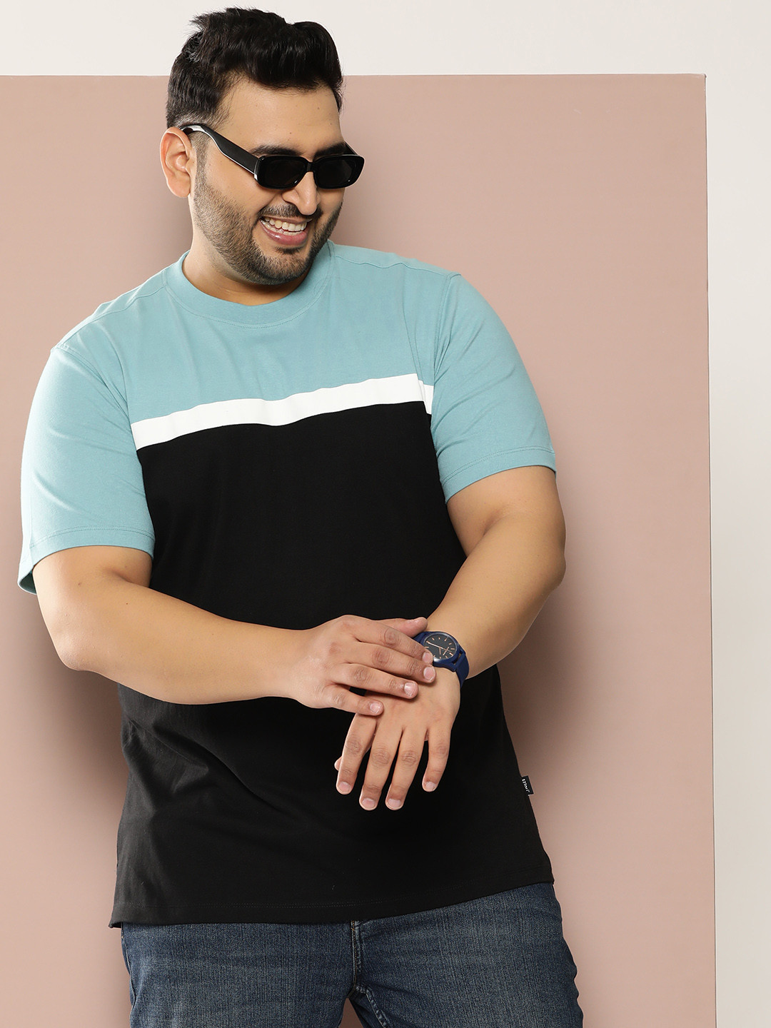 

Sztori Plus Size Colourblocked Pure Cotton T-shirt, Black