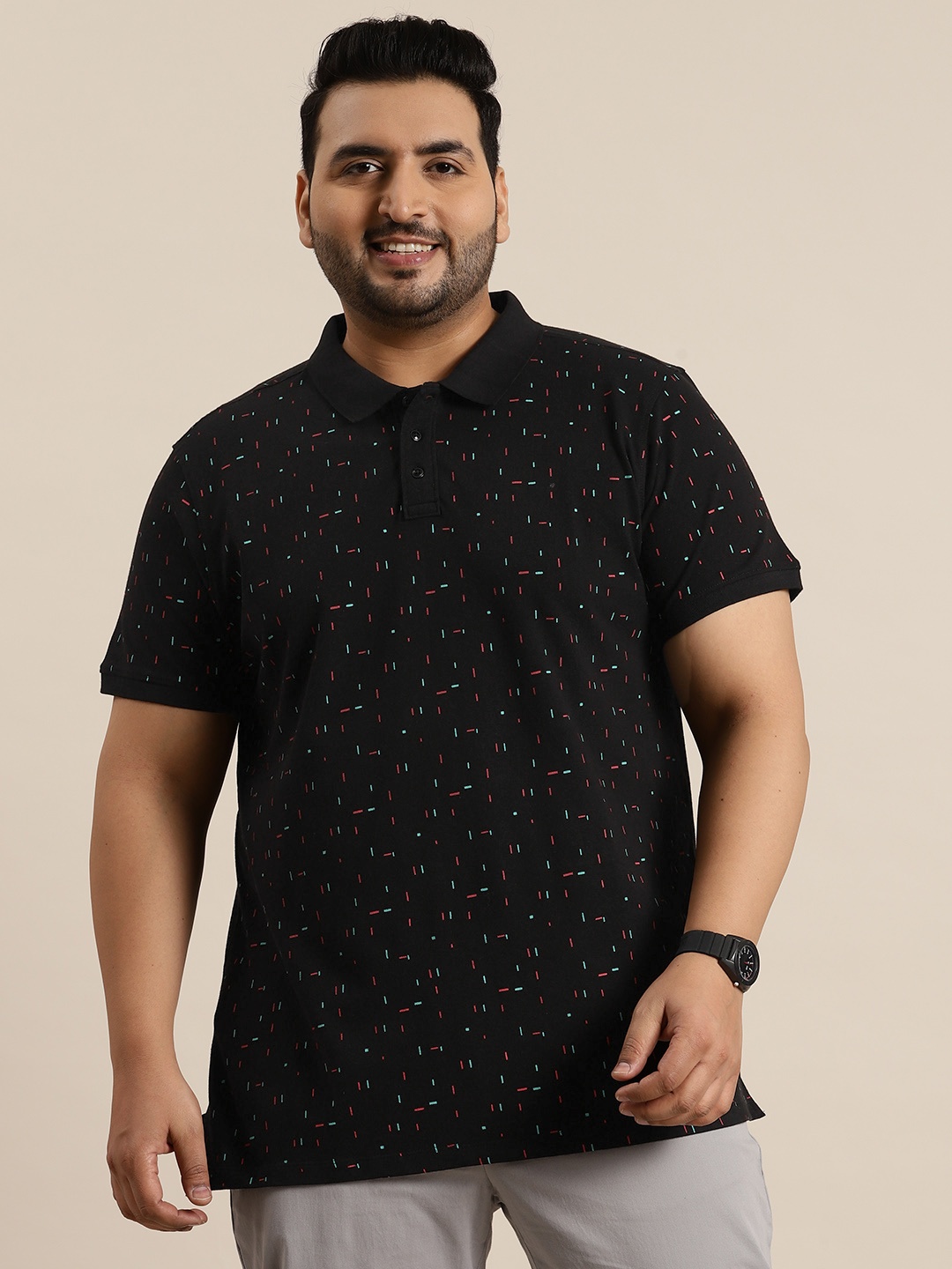 

Sztori Plus Size Cotton Geometric Printed Polo Collar T-shirt, Black