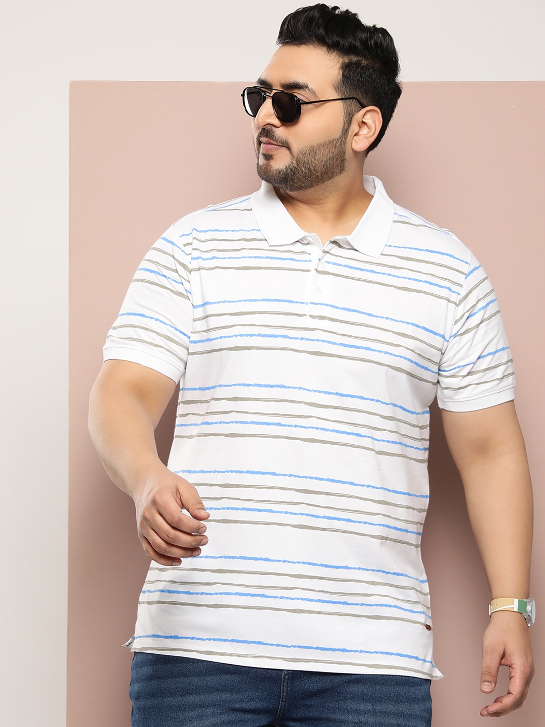 

Sztori Plus Size Striped Polo Collar Pure Cotton T-shirt, White