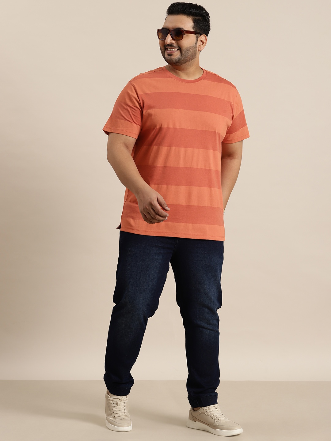

Sztori Plus Size Striped Round Neck T-shirt, Orange