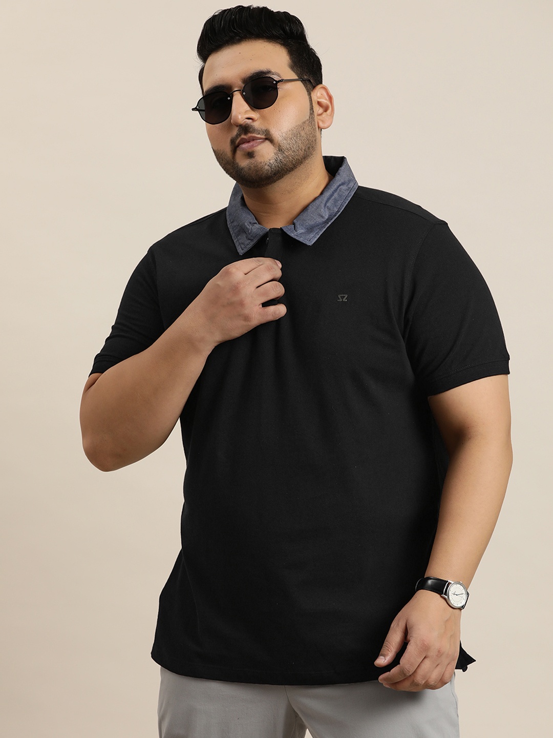 

Sztori Plus Size Polo Collar Pure Cotton T-shirt, Black