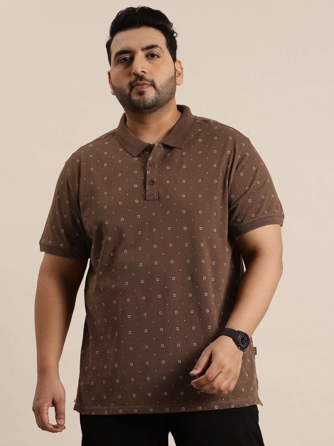 

Sztori Plus Size Printed Polo Collar Pure Cotton T-shirt, Brown