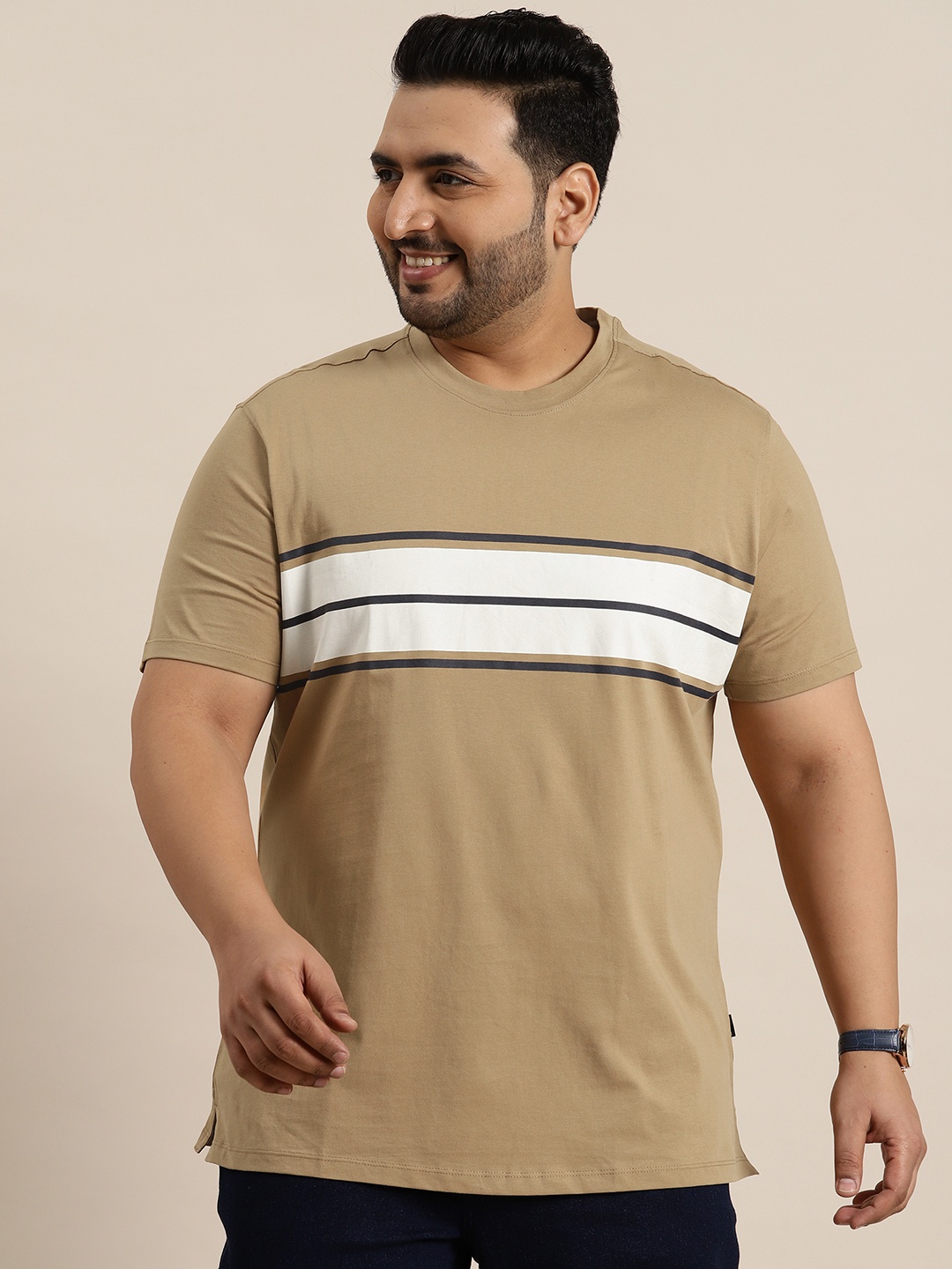 

Sztori Plus Size Pure Cotton Striped Round Neck T-shirt, Beige