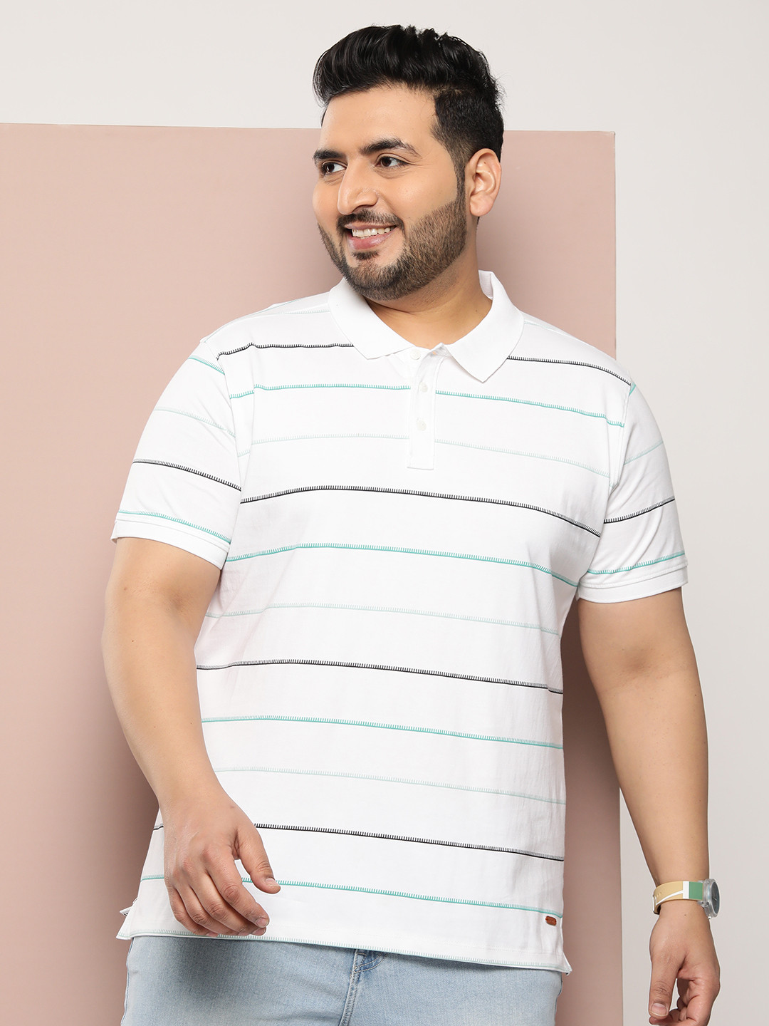 

Sztori Plus Size Striped Polo Collar Pure Cotton T-shirt, White