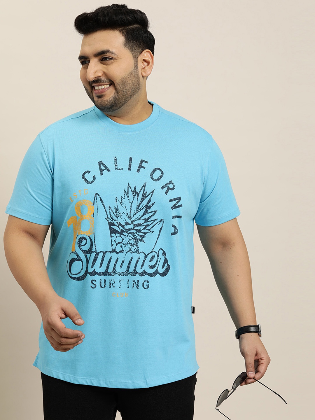 

Sztori Plus Size Printed Pure Cotton T-shirt, Blue
