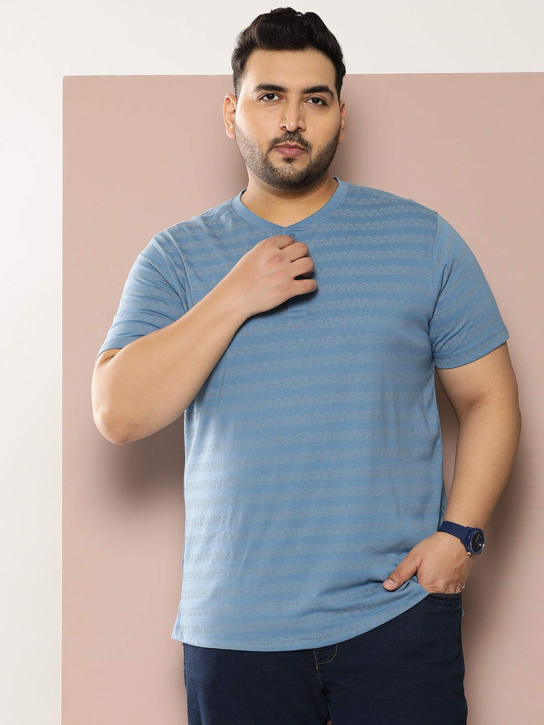 

Sztori Plus Size Geometric Printed Henley Neck T-shirt, Blue